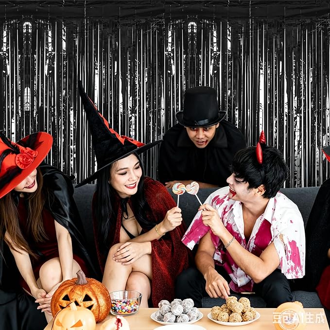 ZATAYE 8 Pack Black Halloween Foil Curtain Streamer Decorations | Black - Image 7