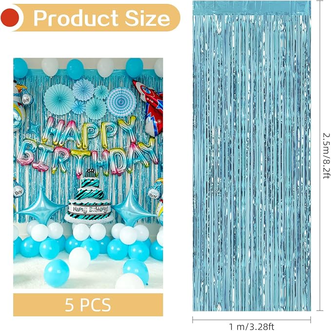 5 Pack Blue Fringe Backdrop 3.2ft x 8.2ft Foil Curtain Tinsel Foil Fringe - Image 3