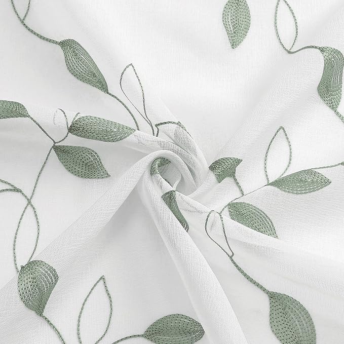 Tollpiz Sage Green Leaf Sheer Curtains Living Room Short 54 x 45 Inches | - Image 9