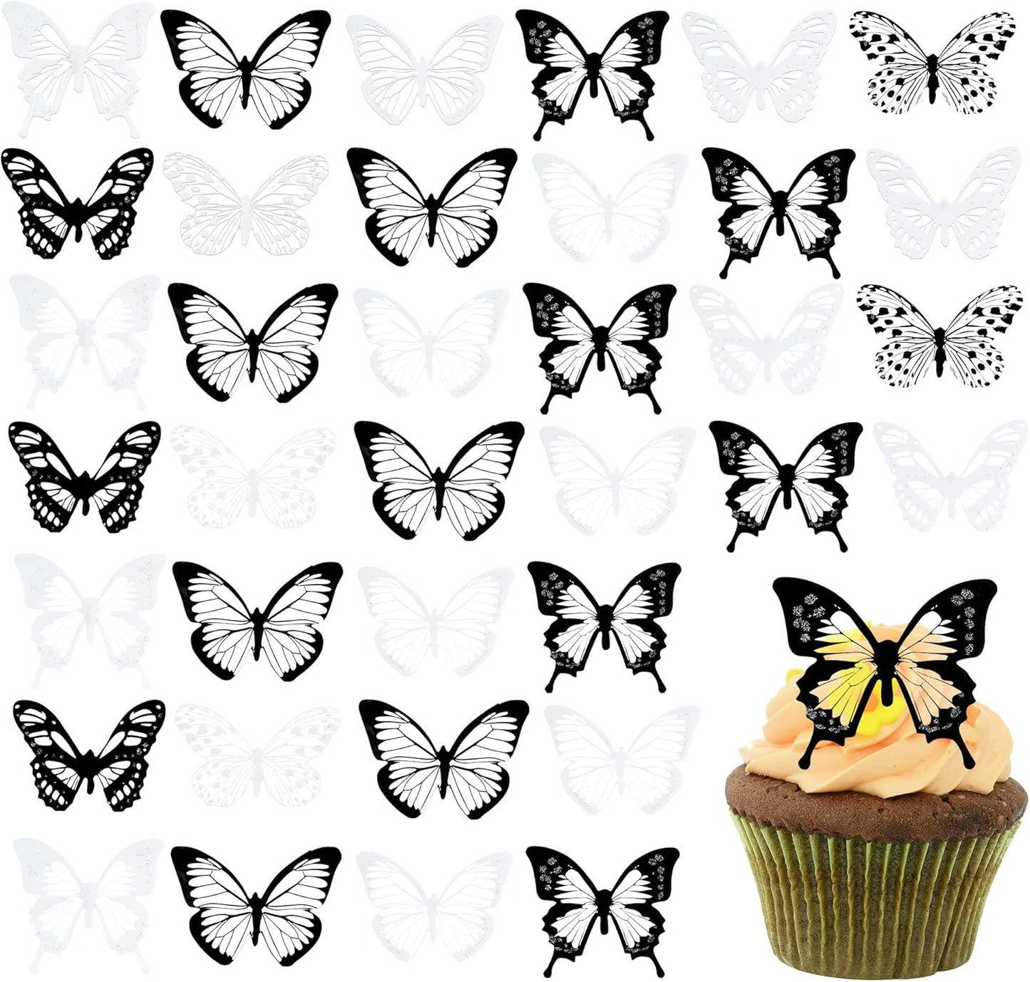 Gyufise 36Pcs Butterfly Cupcake Toppers - Lively PVC Art 3D Cake Decorations for Baby Shower, Kids Birthday Party - Black, White, Transparent