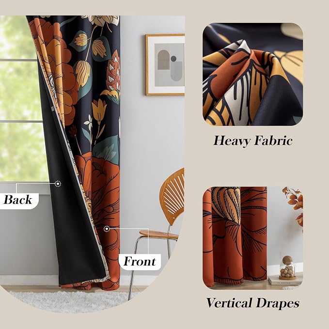 Tyrot Black Boho Floral 100% Blackout Curtains - Image 5