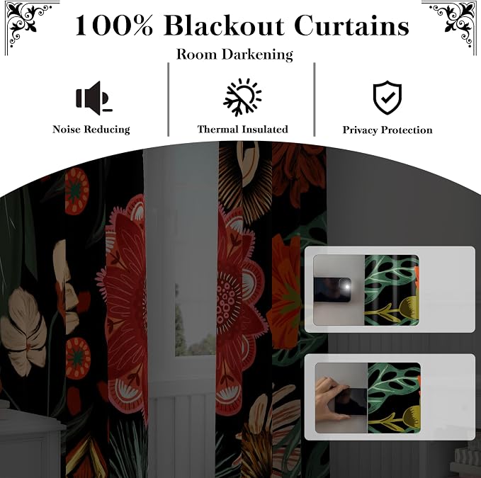 Tyrot Black Boho Floral 100% Blackout Curtains - Image 2