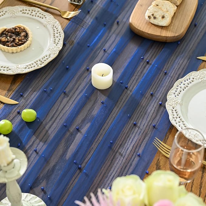 Artoid Mode Pearl Light Bule Gauze Table Runner 120 Inch, Seasonal Sheer Dining - Image 3