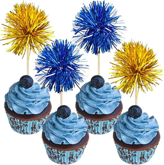 Gyufise 30Pcs Foil Firework Cupcake Toppers Sparkle Tinsel Cake Toppers Tinsel by Gyufise