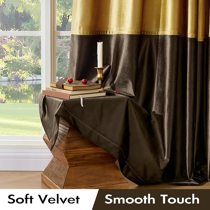 Gold Brown Velvet Blackout Curtains Luxury Decor 96 inches, Color Block | - Image 3