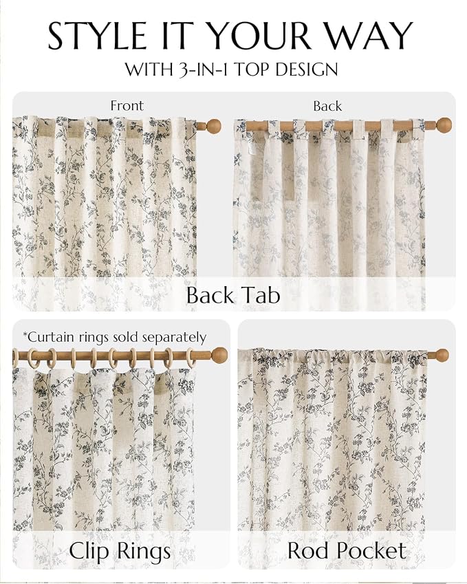 jinchan Black Floral Linen Curtains 63 Inch Farmhouse Back Tab 2 Panels | - Image 8