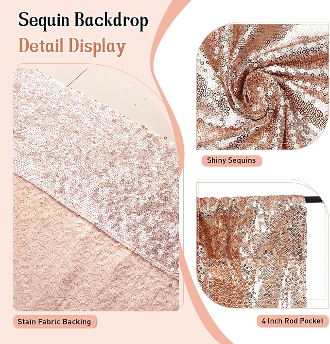SquarePie 8FT x 10FT Rose Gold Sequin Backdrop, High Density Non-Transparent - Image 3