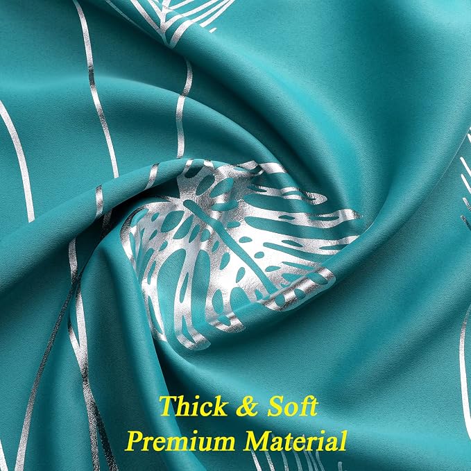 Teal Blackout Curtains for Bedroom, Room Darkening Silver Palm Tree Pattern - Image 5