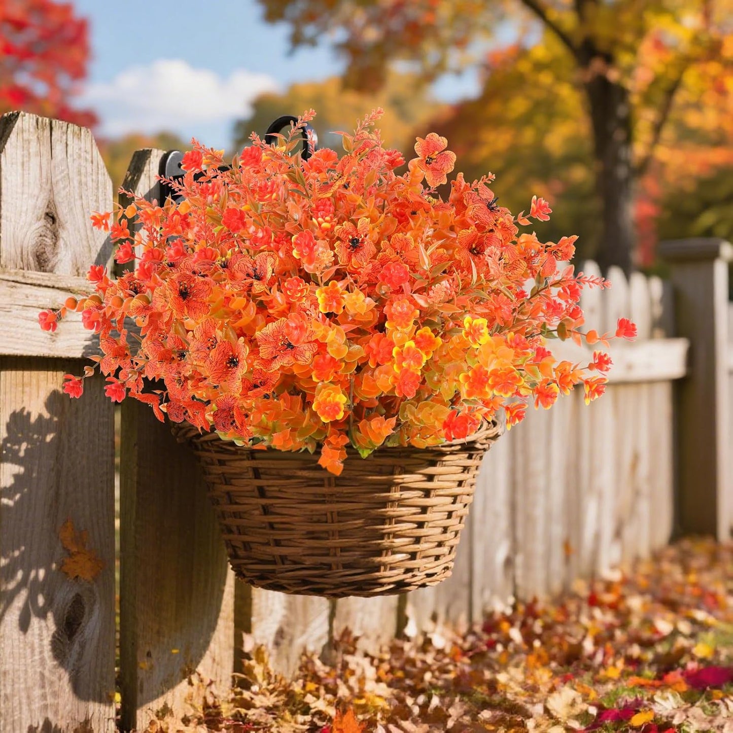 AmyHomie 16 Bundles Mix Orange Artificial Fall Flowers for Outdoor Fall Decor UV Resistant Fake Mums No Fade Fake Plastic Plants Garden Porch Window Box Decorating