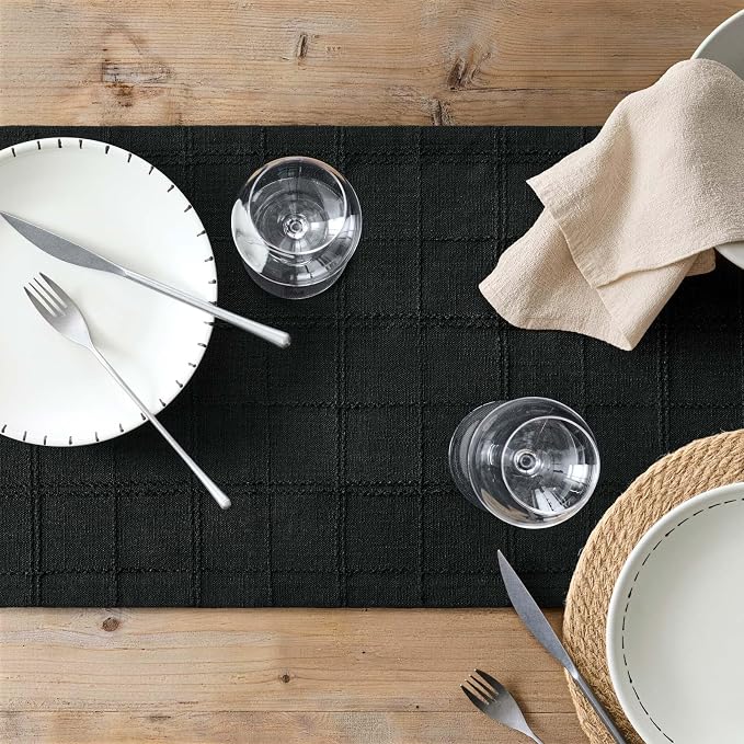 Linen Checked Farmhouse Table Runner, 13x90 Inches Black | Raised Grid Design - Image 7