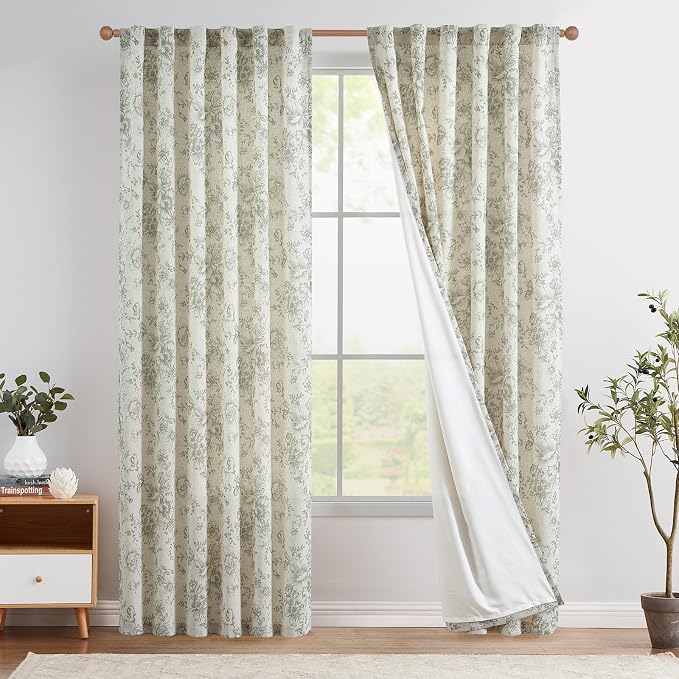 jinchan Floral Linen Curtains Lined 108 Inch Farmhouse Back Tab 2 Panels | by JINCHAN