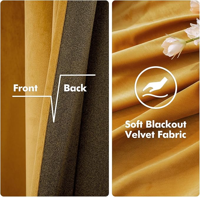 MIULEE Velvet Curtains Mustard Yellow 52 x 63 Inch Length Set of 2 | Grommet - Image 3
