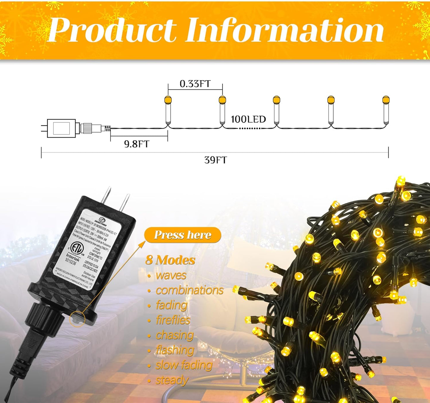 100 LED Christmas String Lights, 39FT Indoor Lights Plug-in with 8 Modes & Timer & Memory Function, Waterproof Christmas Lights Outdoor for Holiday Party Christmas Tree Decor