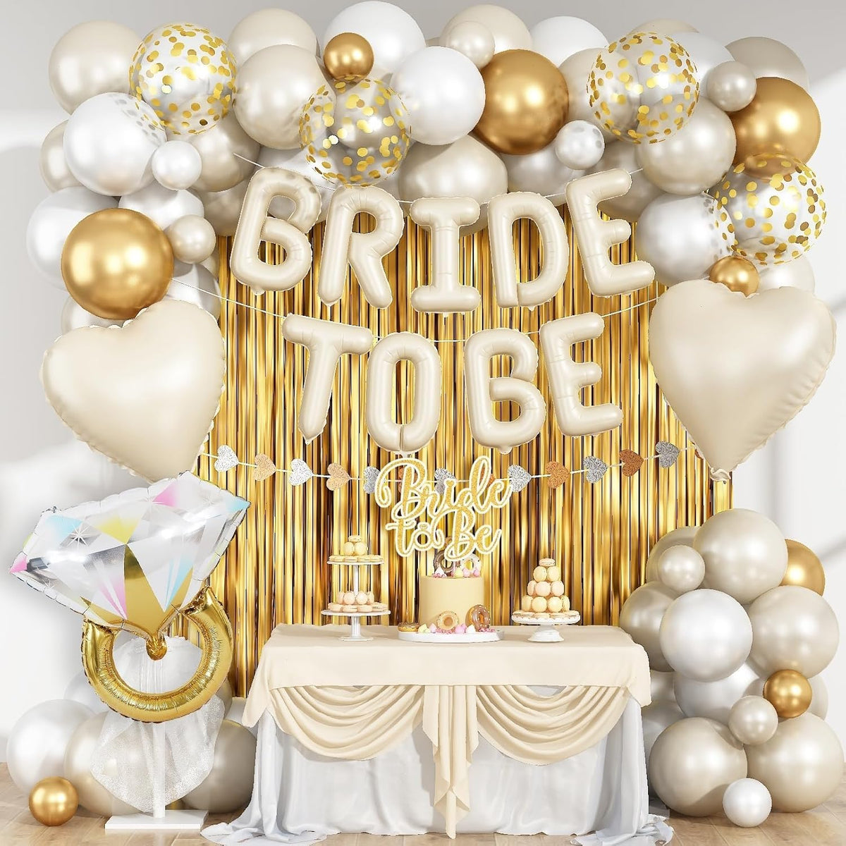 Cream Gold Bachelorette Party Decorations, Bride To Be Mylar Foil Letter Balloons with White Gold Balloons Diamond Ring and Cream Heart Balloon for Bridal Shower Decoration Engagement Hen Party Decor