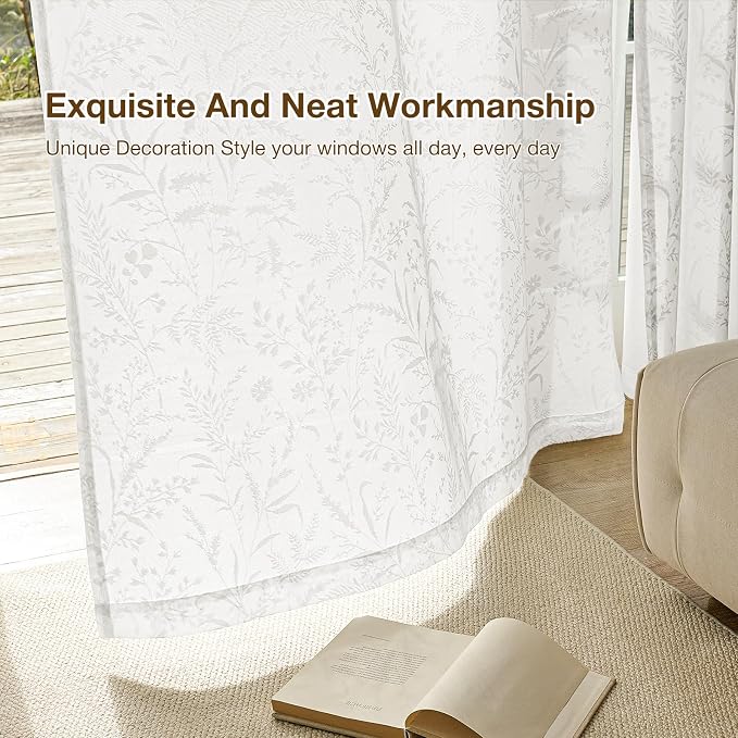 Anmao White Semi Sheer Light Filtering Extra Long Curtains 2 Panels, Leaf - Image 7