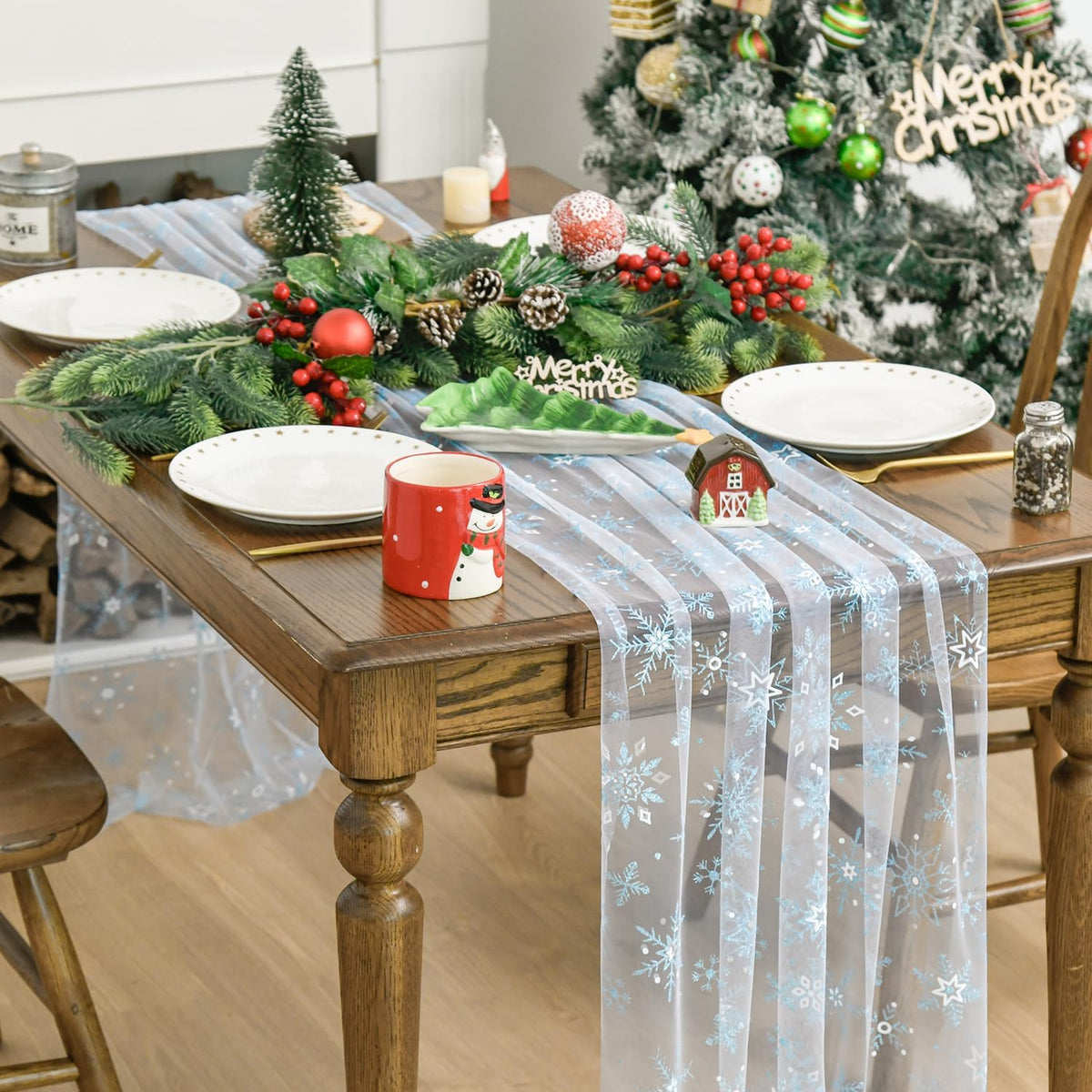 Artoid Mode Blue Snowflakes Merry Christmas Gauze Table Runner 120 Inch 10FT, Winter Seasonal Sheer Dining Holiday Wedding Table Decor for Home Party