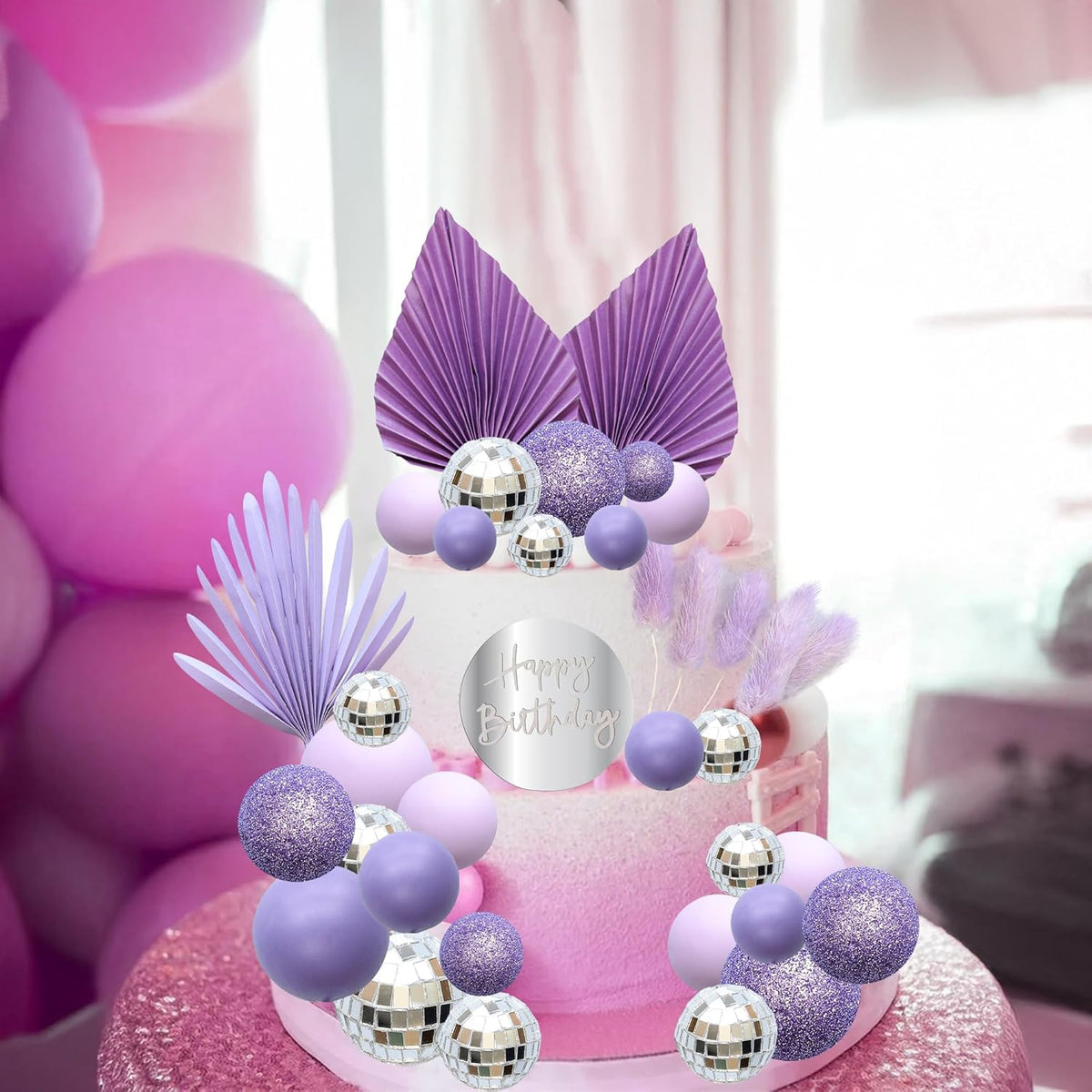 Ephlyn 33 Pack Balls Cake Toppers Boho Palm Leaves Cake Decorations Round Acrylic Happy Birthday Cupcake Toppers for Birthday Wedding Baby Shower Party Supplies Purple