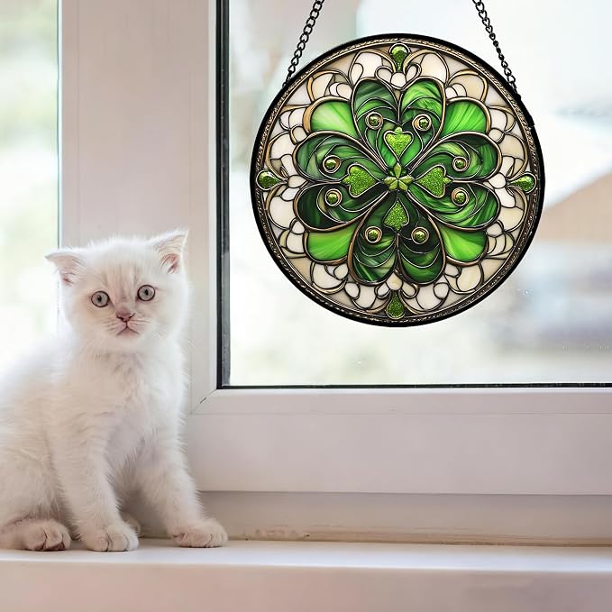 DASTOLL Stained Glass Window Hanging St. Ripak Festival Green Lucky Clover 7.8" - Image 2