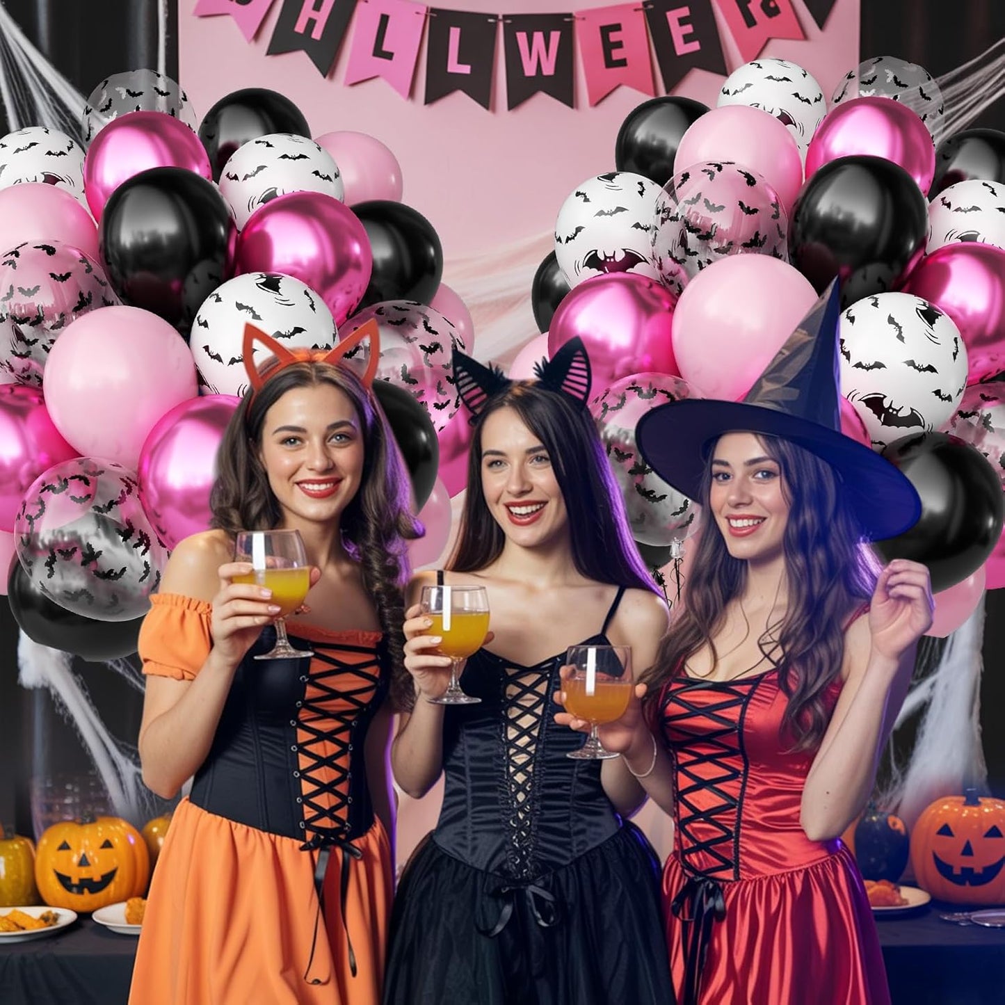 Pink Halloween Balloons Set, 50PCS 12 Inch Bat Confetti Balloon Pastel Metallic Pink and Black Party Balloon Bat Printed Helium for Girls Adults BOO Halloween Birthday Party Decorations Indoor Outdoor