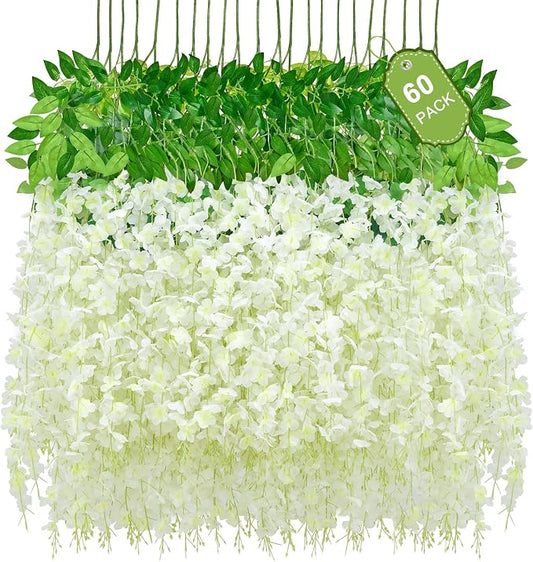 60 Pack White Wisteria Hanging Flowers, Fake Hanging Flowers by Waipfaru