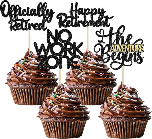 24Pcs Happy Retirement Cupcake Toppers Officially Retired No Work Zone Adventure Begins Cupcake Pick Decorations Retirement Theme Farewell Birthday Party Cake Decorations Supplies Black