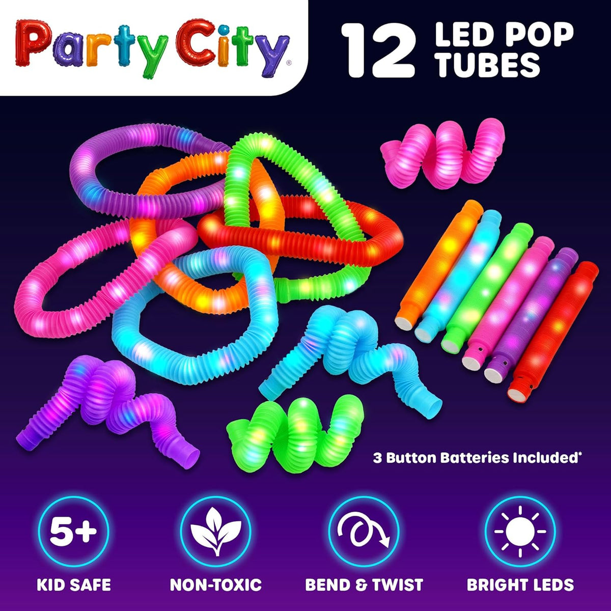 Party City 12pk LED Light Up Pop Tubes 25”- 3 Mode Stretchy Tubes LED Light Up Toys Bulk Glow Sticks Party Favors for Kids Necklaces Bracelets Neon Glow in the Dark Supplies Fidget Sensory Tube Pack