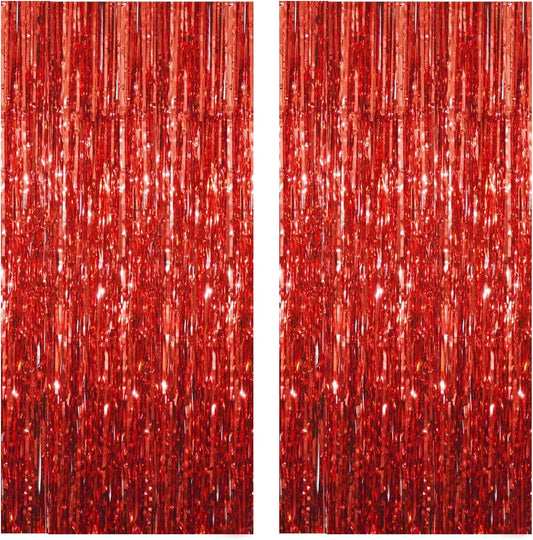 Red Foil Fringe Curtain 3.3×8.3FT 2 Packs, Metallic Tinsel Curtains Party Streamers for Birthday Graduation Baby Shower Decoration (2pcs,3.3FT×8.3FT, Red)