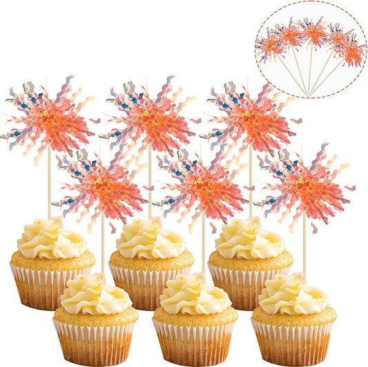 Gyufise 30Pcs Foil Firework Cupcake Toppers Sparkle Tinsel Cake Toppers Tinsel by Gyufise