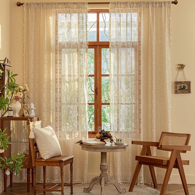 YJ YANJUN Boho Lace Curtains 84 inches Long 2 Panels-Vintage Floral Crochet - Image 2