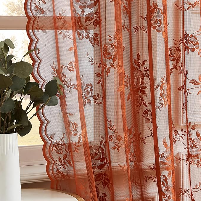 Rust Lace Curtains 72 Inch Length Autumn Country Rustic Floral Curtains - Image 5