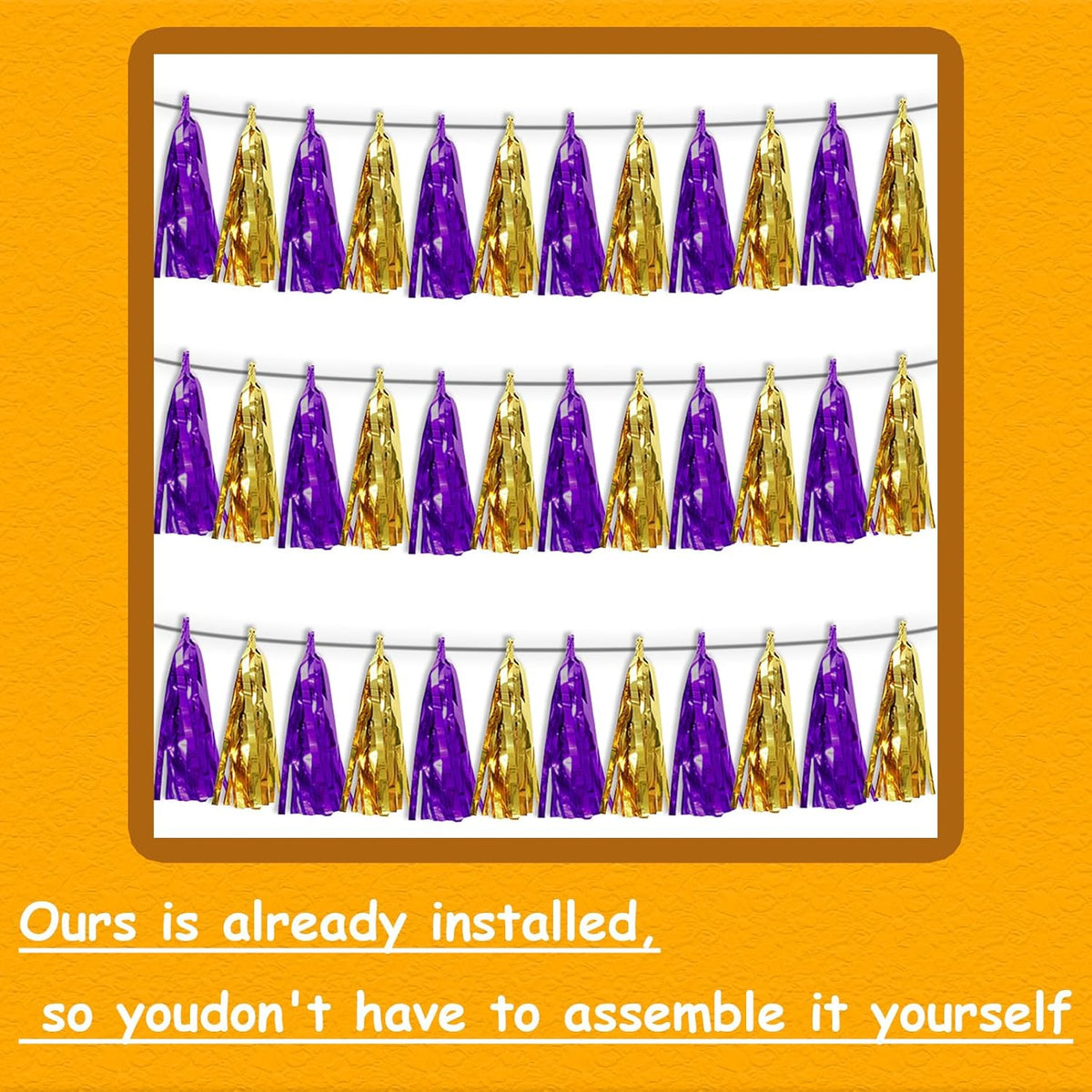 3P Purple Gold Metallic Fringe Tassel Banner Garland Foil Tinsel Streamer Wall Hanging Curtain Backdrop Banner for Parade Floats, Graduation Decorations, Halloween, Christmas Decorations
