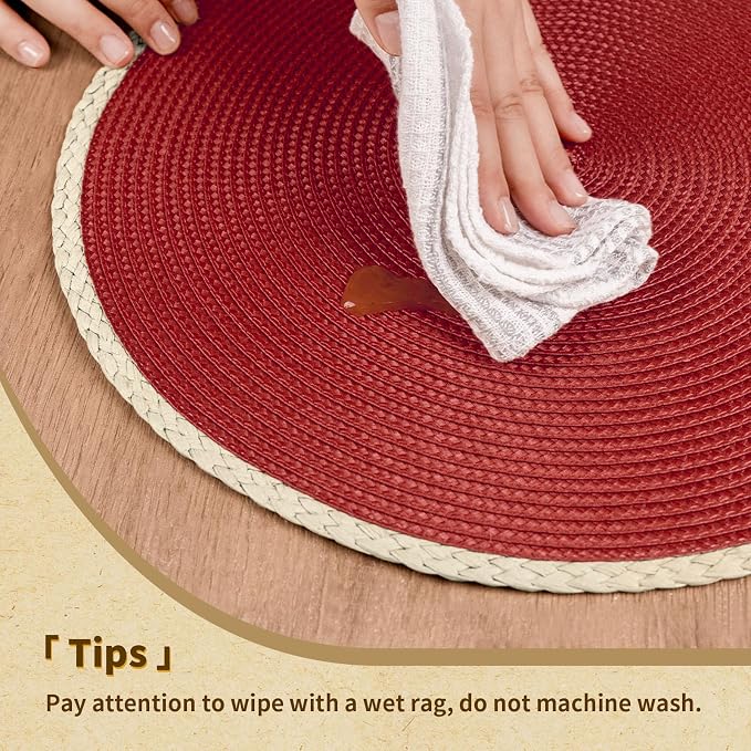 Round Placemats Set of 4, Woven Table Mats, Thin Edge, New Red | Braided Paper - Image 4