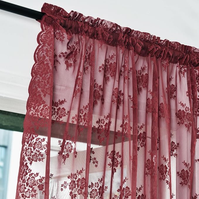 Kotile Burgundy Floral Sheer Curtains - Image 3