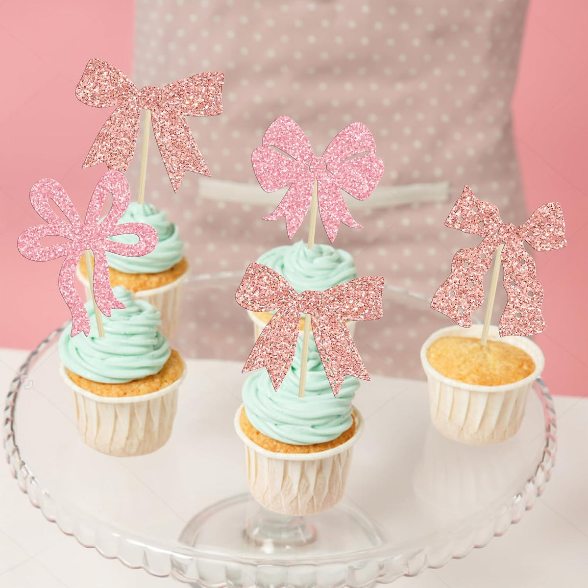 Ephlyn 24pcs Pink & Rose Gold Bow Cupcake Toppers - Perfect for Birthday, Baby Shower, Bridal Shower & Wedding Parties
