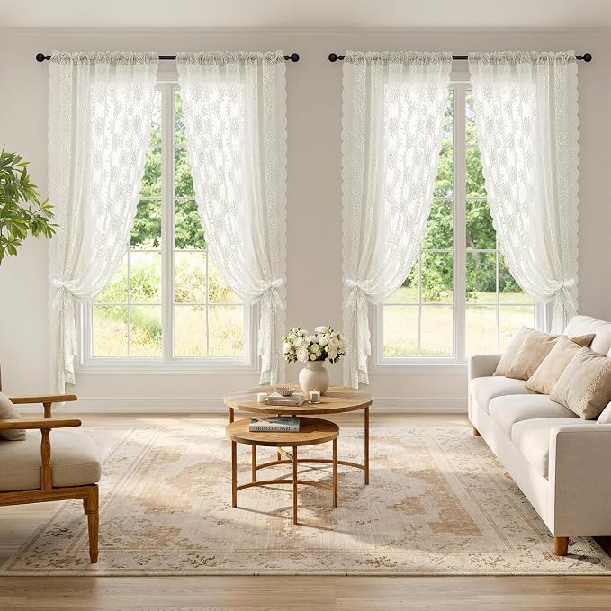 MIULEE Vintage Floral Scalloped Lace Curtains 2 Panels, Ivory 52" W x 63" L | - Image 2