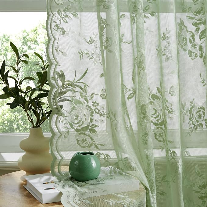 Sage Kitchen Curtains 30 Inch Length Rod Pocket Light Filtering Sheer Lace Cafe - Image 2