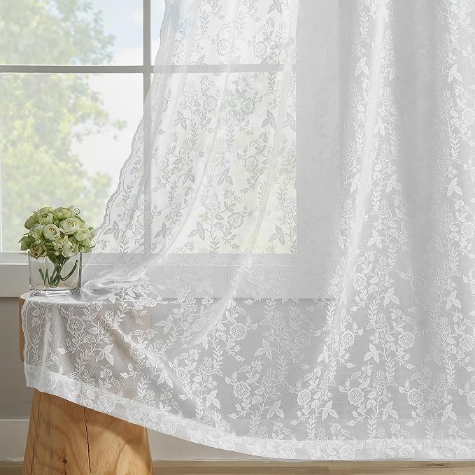 FINECITY White Lace Kitchen Curtains Rustic Floral W42 x L45 Inch 2 Panels | - Image 6