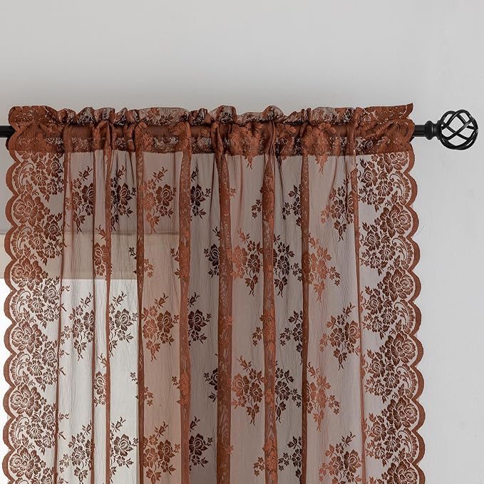 Kotile Warm Brown Floral Lace Curtains - Image 3
