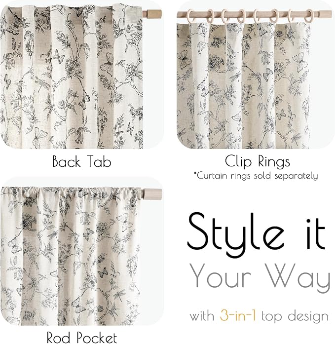 Black Floral Linen Curtains Farmhouse Rod Pocket 50W X 96L 2 Panels | Charlotte - Image 7