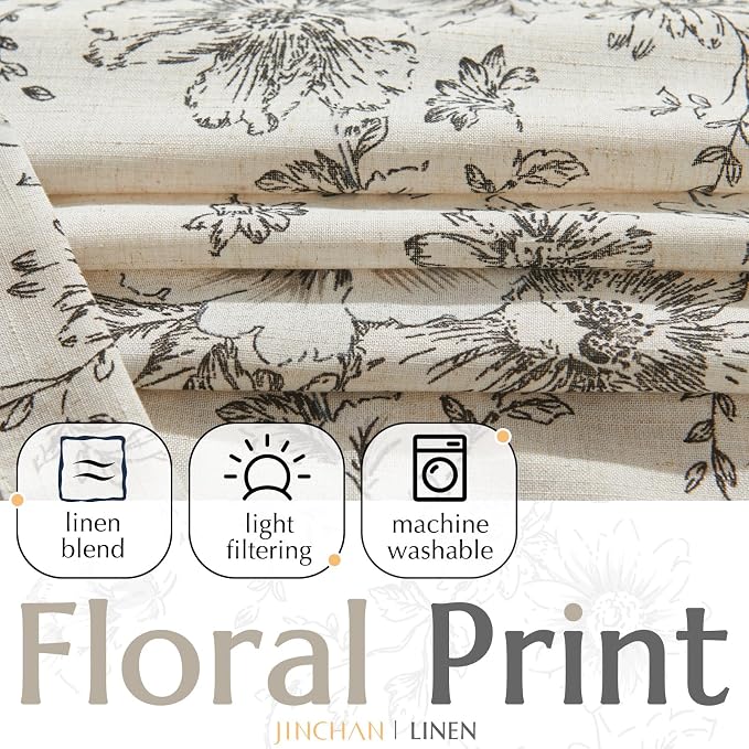 jinchan Black Floral Linen Curtains Lined 96 Inch Vintage Back Tab 2 Panels | - Image 2
