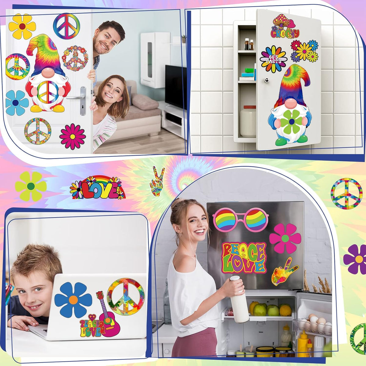 25 Pieces Car Magnet Decorations 60s Hippie Theme Party Magnetic Decals Fridge Magnets Flower Peace Car Magnetic Sticker Love Sign Colorful Hippie Decals for Refrigerator Mailbox Decor