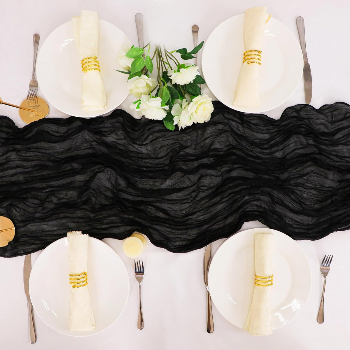 Snowkingdom 6PCS 13 Ft Black Cheesecloth Table Runner, 160 inch Long Cheese Cloth Boho Gauze Runners for Wedding Bridal Baby Shower Birthday Holiday Party Halloween Table Decorations