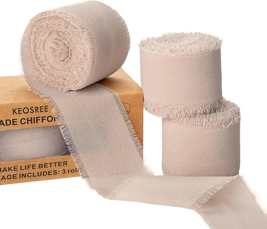 KEOSREE 3 Rolls Light Nude Handmade Chiffon Ribbon, 1.5" x 21Yd Light Khaki by KEOSREE