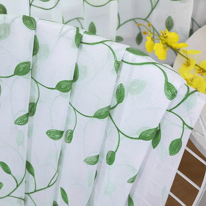 Tollpiz Leaves Sheer Curtains Green Leaf Embroidery Bedroom Curtain Rod Pocket - Image 7