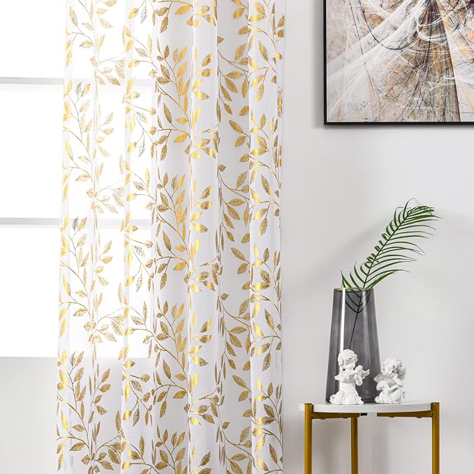 Sutuo Home Sheer Curtains 63 Inch Length 2 Panels, Luxury Gold Foil Print - Image 4