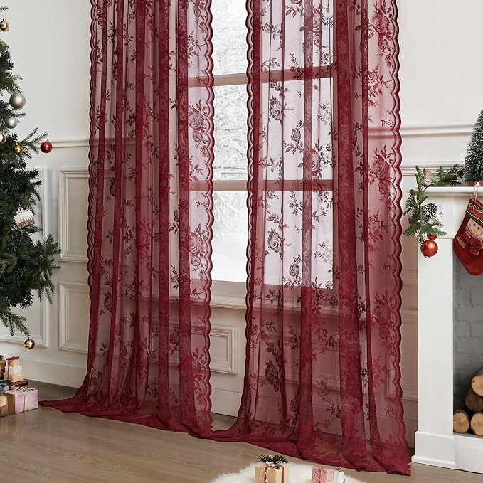 Maroon Lace Curtains 72 Inch Length Modern Floral Curtains 2 Panels set - Image 3