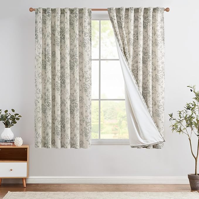 jinchan Gray Floral Linen Curtains Lined 63 Inch Vintage Back Tab 2 Panels | by JINCHAN