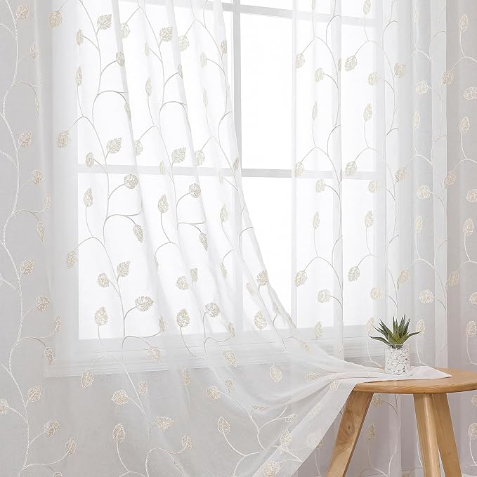 Beige Sheer Curtains Decorative Embroidered Leaf 84 Inches Long | Light by VISIONTEX