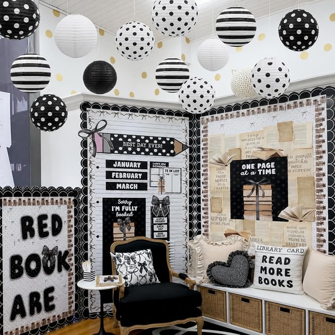 Treela 12 Pack Black and White Paper Lanterns Back to School 8" Round Hanging - Image 6