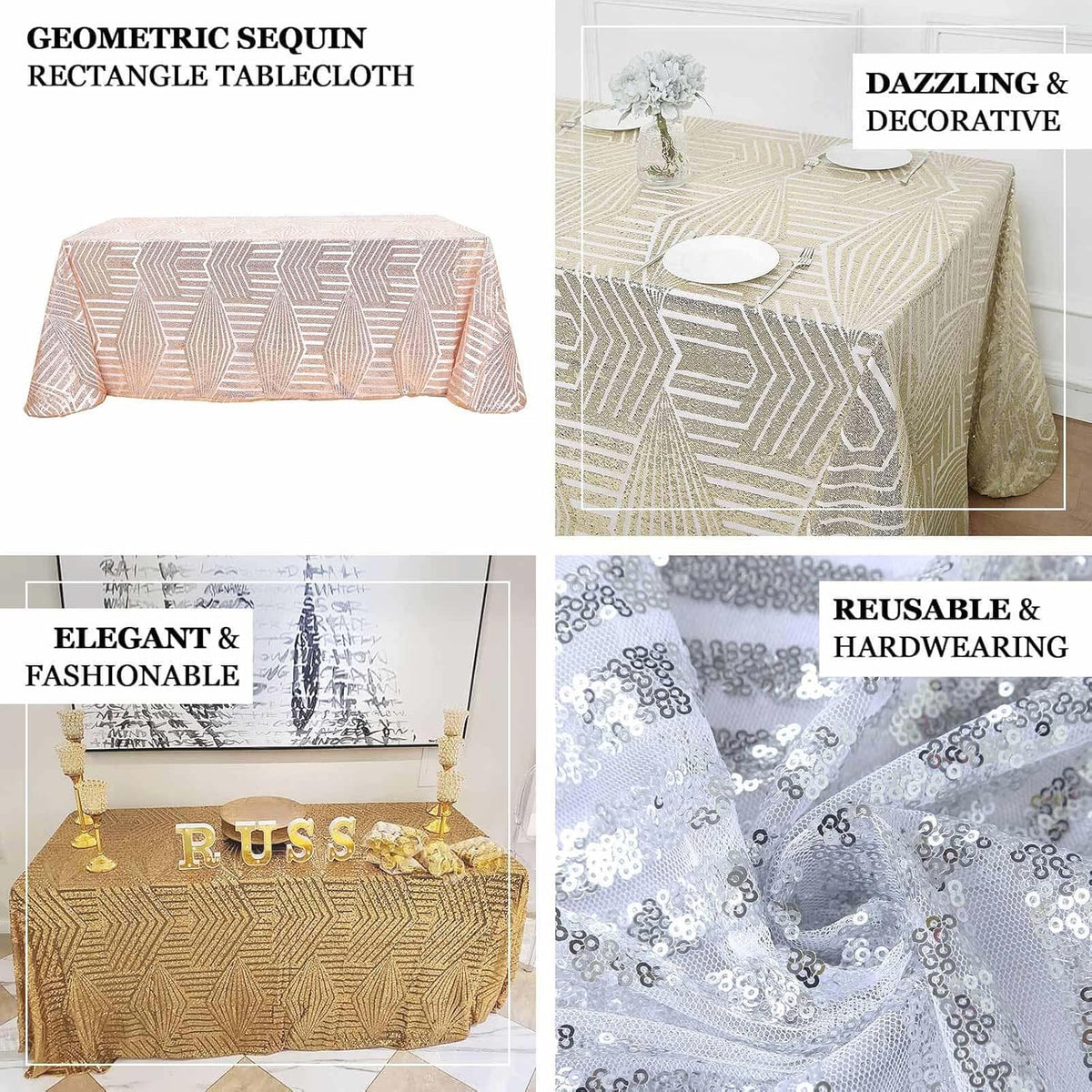 Efavormart 90"X132" Hunter Emerald Green Sparkly Sequin Geometric Tulle Rectangular Tablecloth